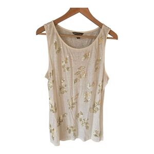 Tommy Bahama 100% Linen Sequin Tank Top XL Leaf Print Ivory Boho Y2K